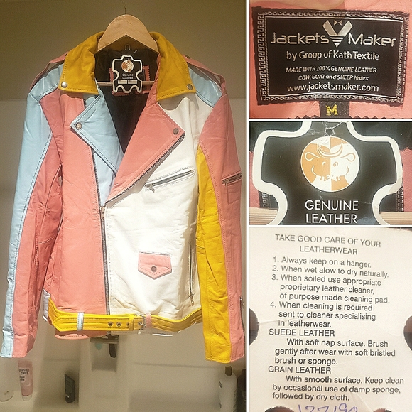 Rainbow pastel color block leather moto jacket. - Picture 5 of 13
